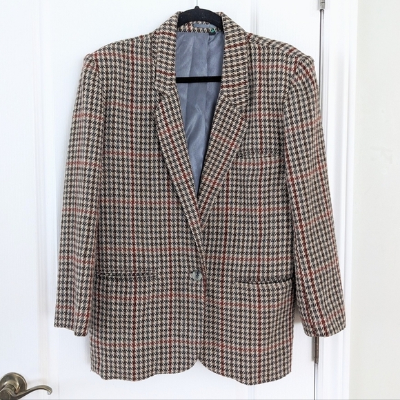 Vintage Jackets & Blazers - Vintage Harrinbone Houndstooth brown blazer jacket large @A9